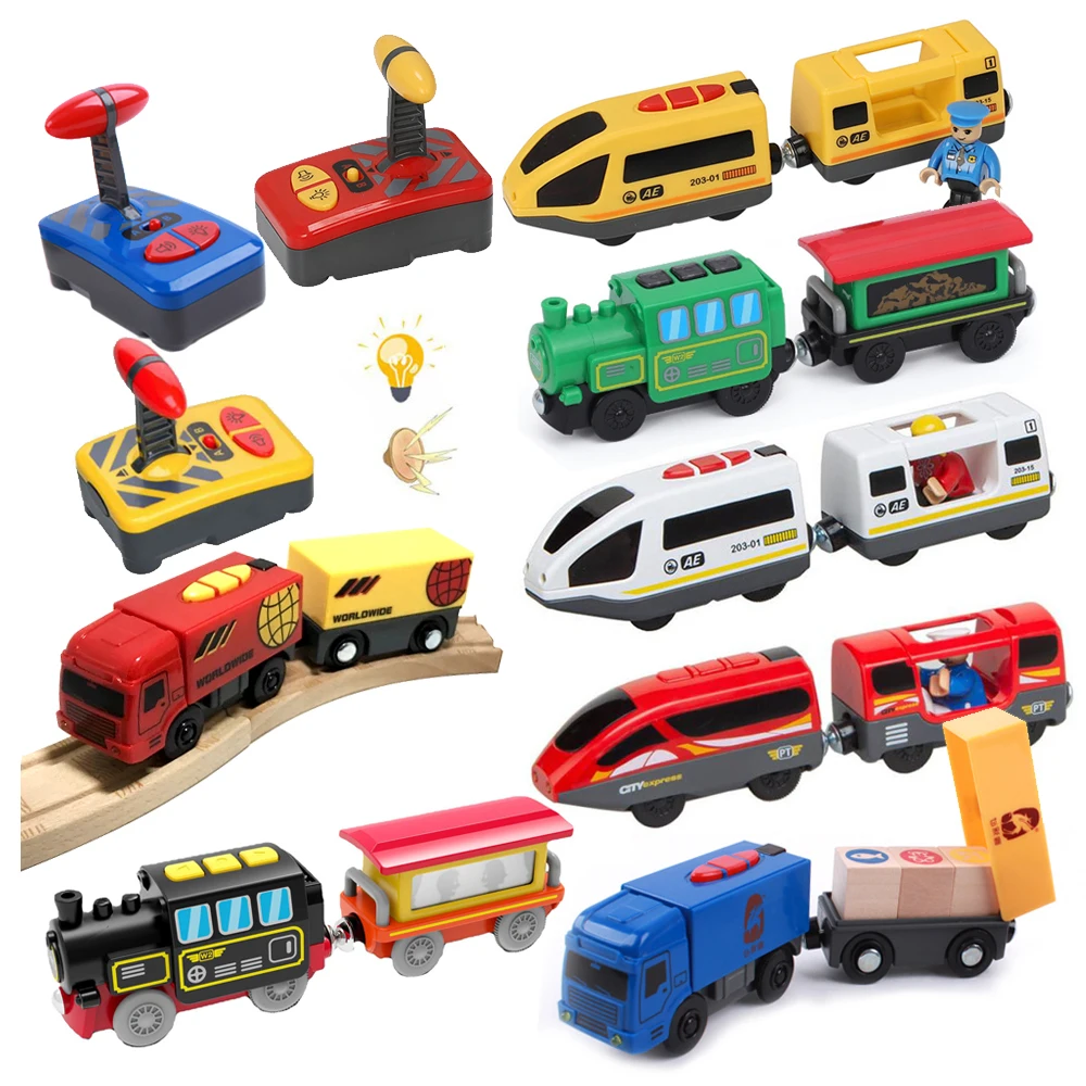 Spedizione gratuita telecomando magnetico treno elettrico compatibile auto giocattolo pista di legno treno per bambini auto pista giocattoli regalo