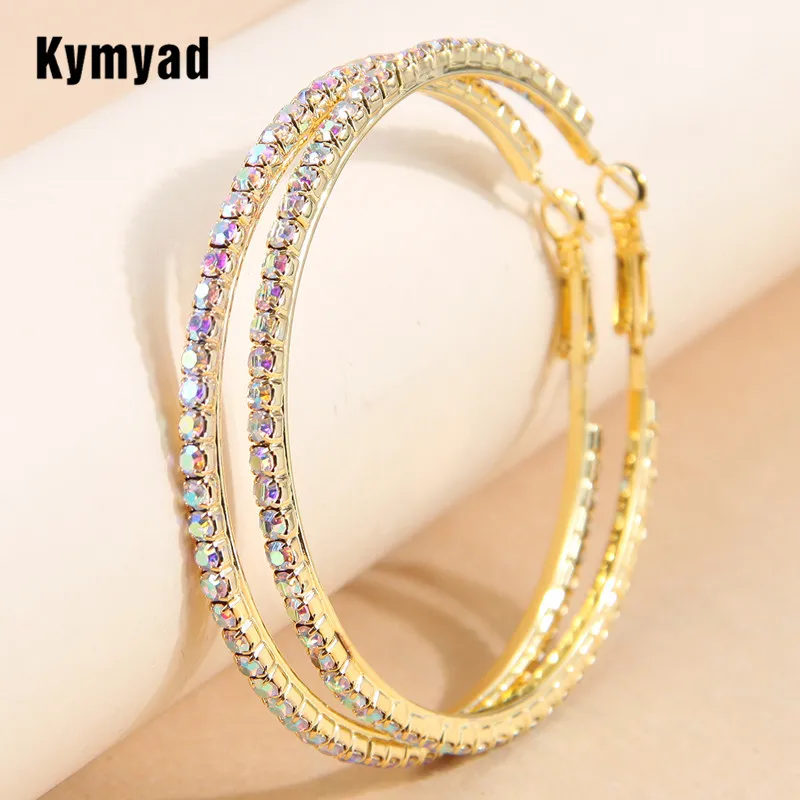 Kymyad 6cm Fashion Crystal Hoop Earrings For Women Round Shining Full Crystal Luxury Earrings Fashion Jewelry Big Earring