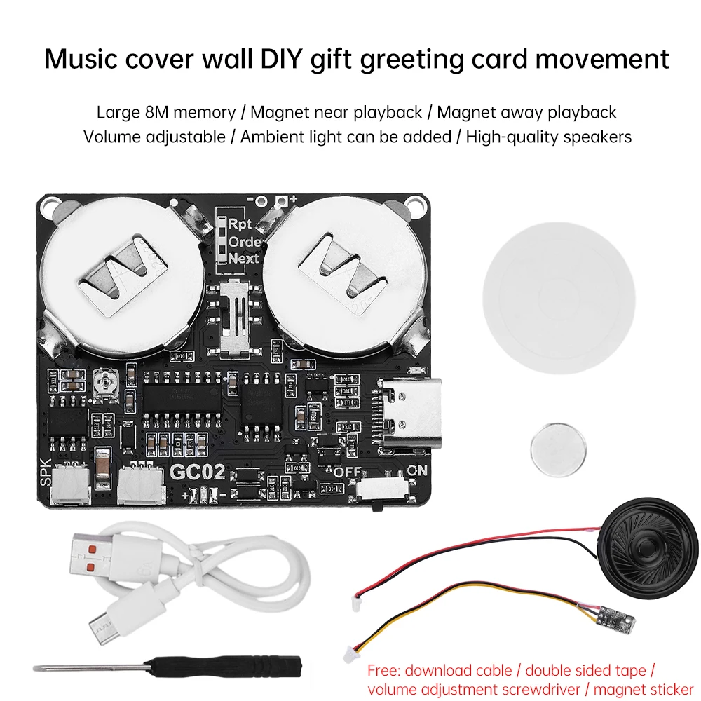 GC02/GC03 DIY Music Card Movement Module Voice Module 8M Memory with Magnetron Switch Circuit Board TYPE-C Interface