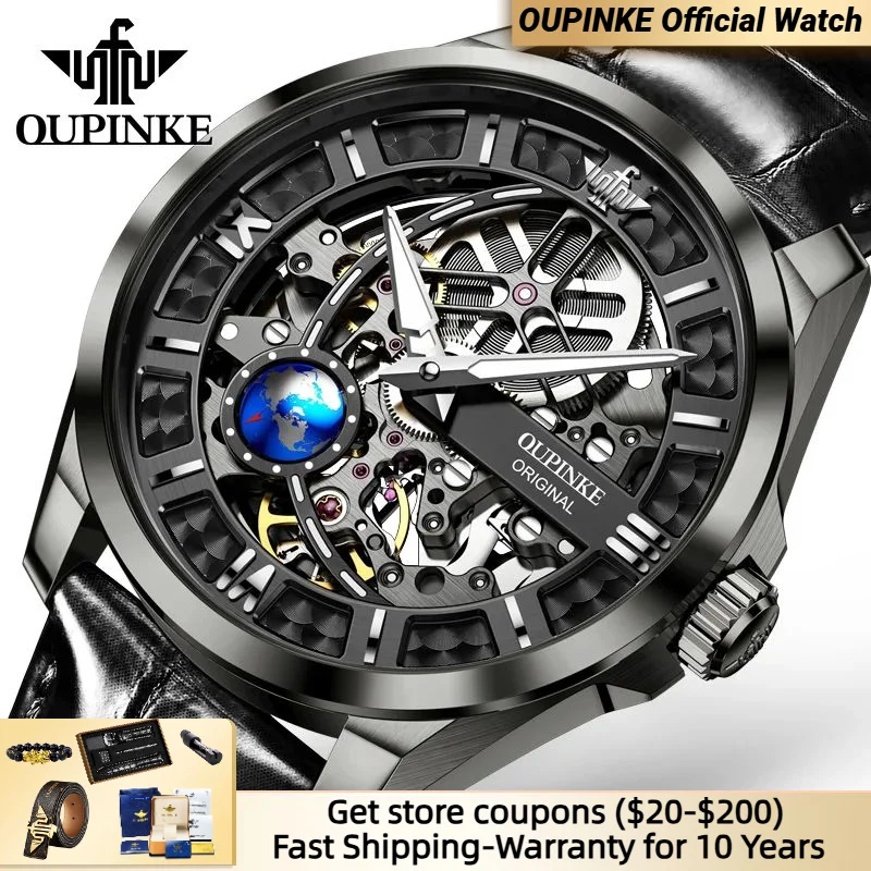 

OUPINKE Men's Watches 3D Earth Rotation Skeleton Sapphire Mirror Leather Strap 50M Waterproof Automatic Watches for Men Luxury