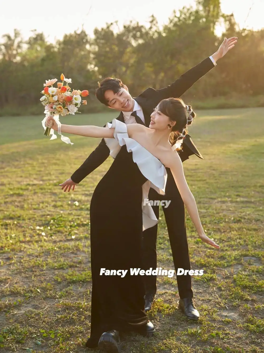 Fancy Special White And Black Wedding Dress Korea Photo Shoot Mermaid Elastic Satin Evening Dresses Back Corset Customized