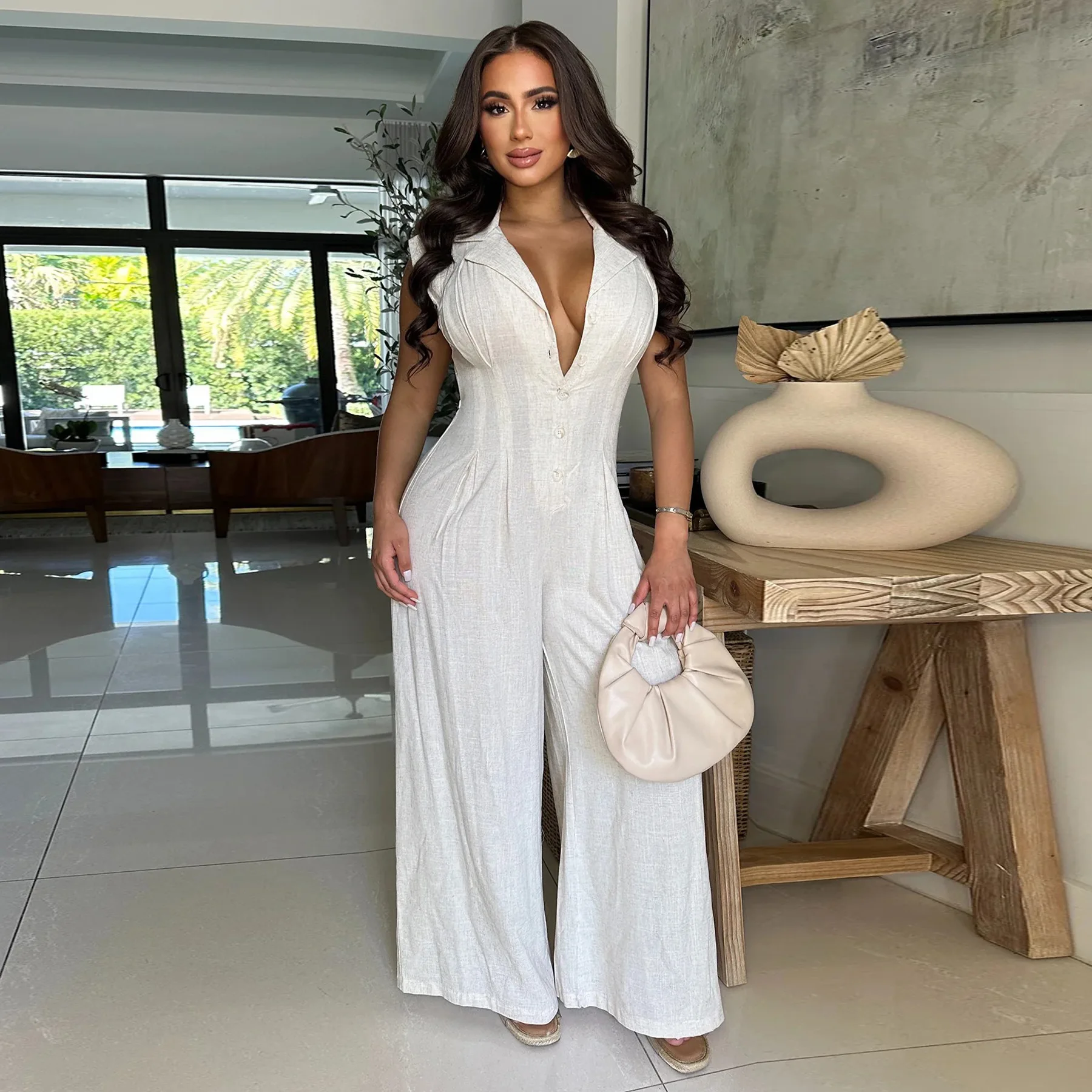 

Elegant Jumpsuit Women Linen Single-Breasted V Neck Bodycon Solid Color Wide Leg Romper Spring Summer One-piece Jumpsuits