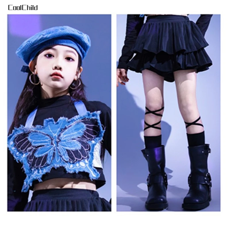 Girls Hip Hop Crop Top Sweet Butterfly Vest Layered Skirts Kids Streetwear Children Jazz Street Dance Cheerleader Clothes Sets