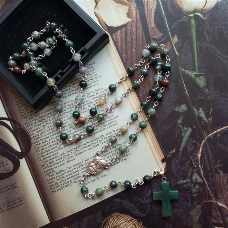 Natural Agates Rosary Necklace Bead Hangable Pendant for Women Men