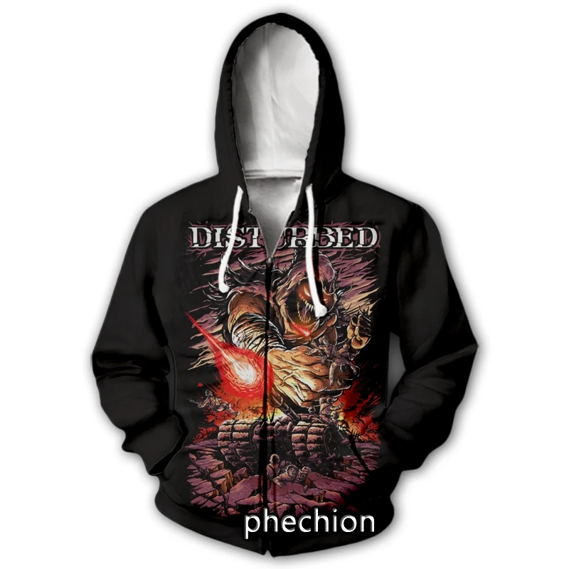 phechion New Fashion Men/Women Disturbed Rock Band 3D Print Long Sleeve Zip Hoodies Casual Men Loose Sport Zip Hoodies J27