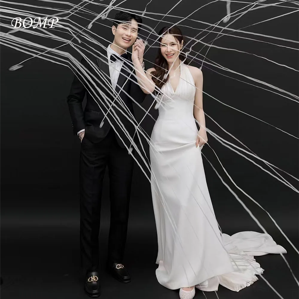 

ZHIO Elegant Halter Wedding Dress Ivory Satin Sweep Train Evening Dresses Korea Photo Shoot Bridal Gown Customized 웨딩드레스