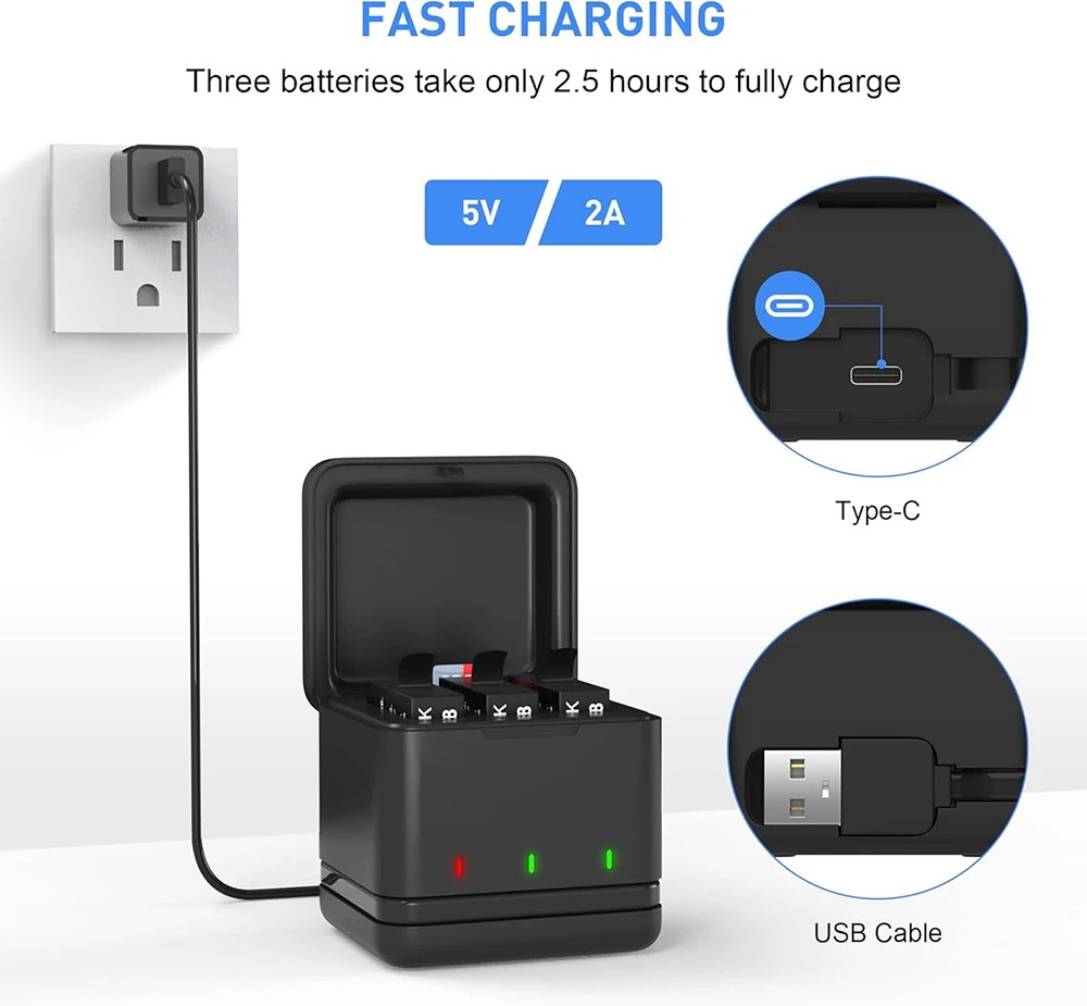 بطارية GoPro Hero 5/6/7/8 وشاحن سريع من النوع C، بطارية 1800 مللي أمبير في الساعة لكاميرا GoPro Hero 8 Hero 7 Hero 6 Hero 5 (بطارية GoPro تم فك تشفيرها بالكامل)