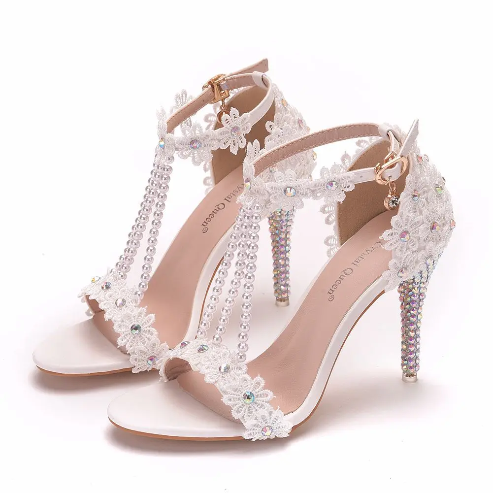 

Thin high-heeled beaded sandals summer new lace flower rhinestone one-word wedding shoes banquet large-size women's sandals