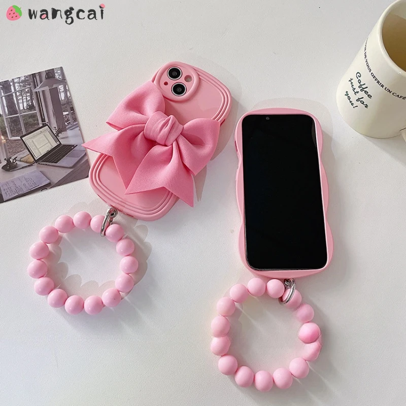 Luxury 3D Bow Phone Case For iPhone 15 14 Plus 13 12 11 Pro Max Mini X XR XS Max 8 7 6 6s Plus SE Wave Cover With Bracelet