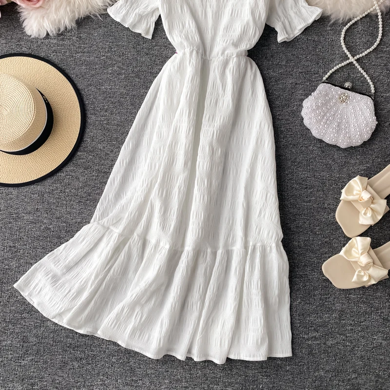 Women White Dress Summer Elegant v-Neck Single-Breasted Short Sleeve Vintage Vestidos Female 2022 Korean Chic Robe Mujer Casual