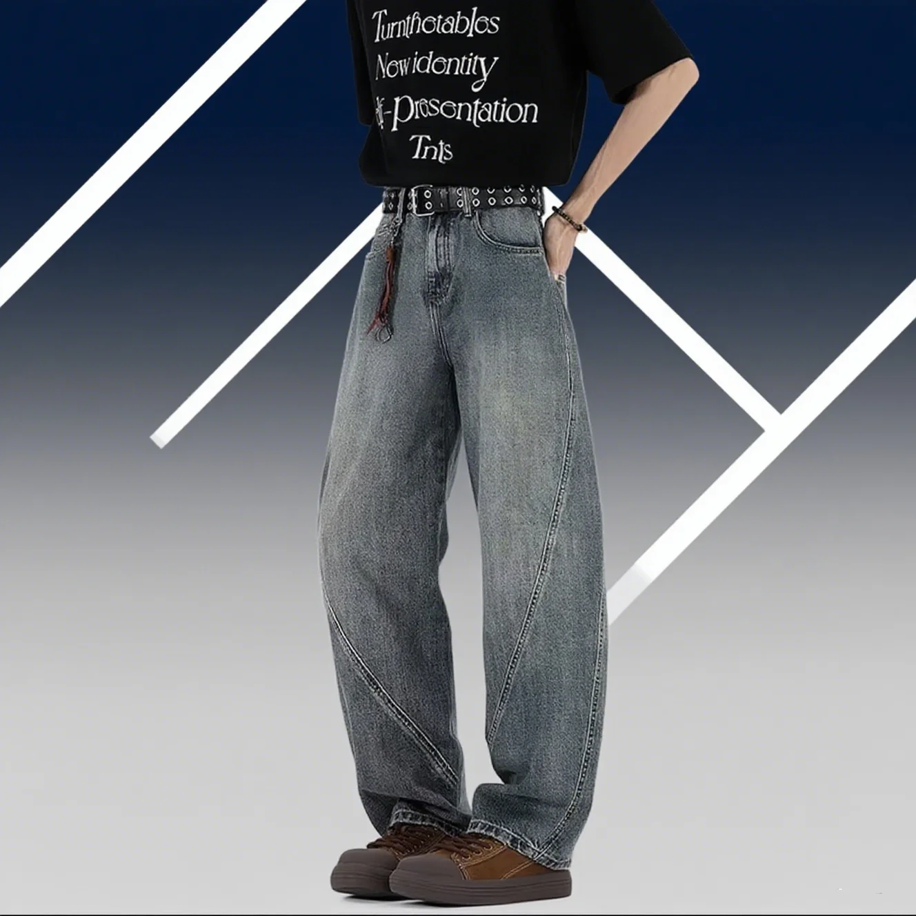 

2025 New Hip-hop Bent Knife Jeans American Retro Street Style Men's Fashion Personality Curve Knife Design Jeans Loose Casual