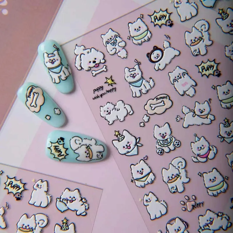 Cute 3D Embossed Samoyed Puppy Nail Stickers, Self‑Adhesive DIY Decals, Small White Dog Design For Nail Art Decor