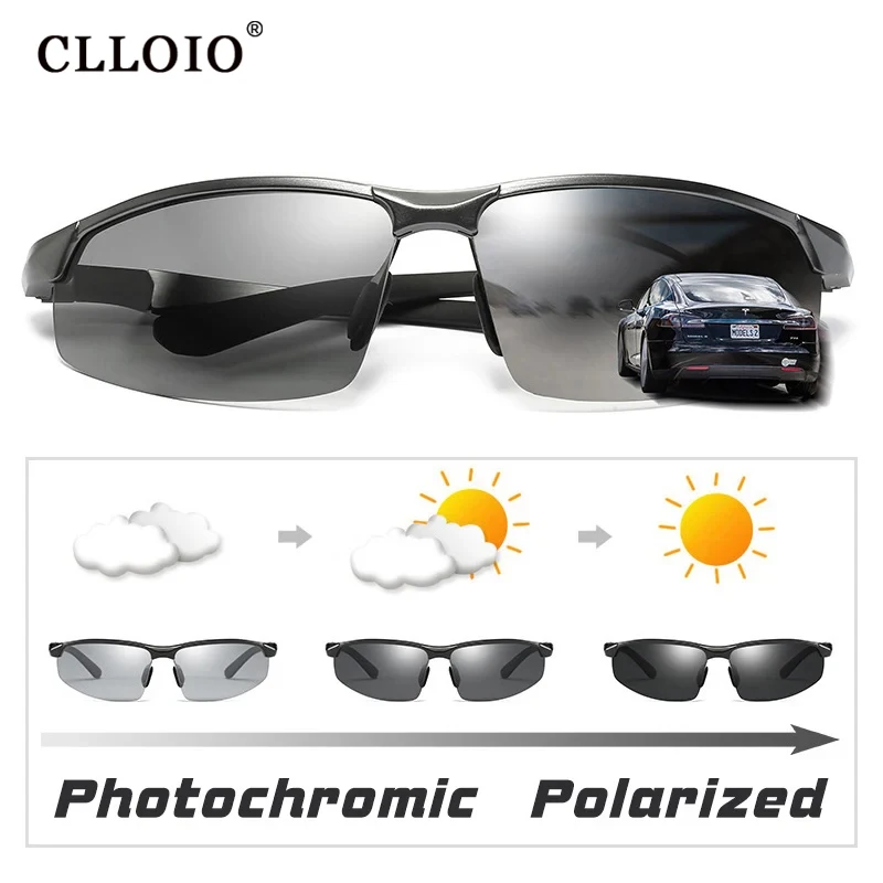 CLLOIO Photochromic Sunglasses Men Polarized Driving Glasses Aluminum Frame Anti-Glare Goggles UV400 Change Color Sun Glasses