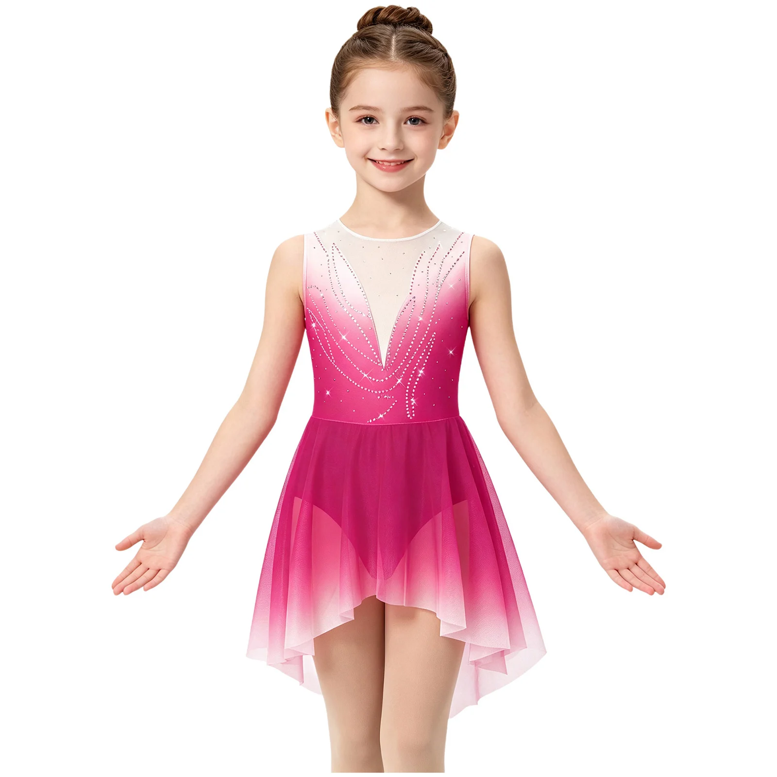 Kids Girls Gradient Figure Skating Leotard Dress Sleeveless Rhinestones Back Keyhole Irregular Mesh Hem Gymnastics Bodysuit