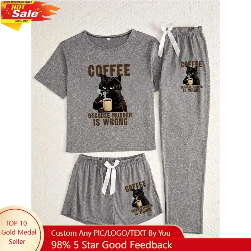 Women's Cartoon Cat Print Pajama Set, 3 Piece Sleepwear Collection, Casual Fitted Nightwear for All Seasons, Comfortable Lounge