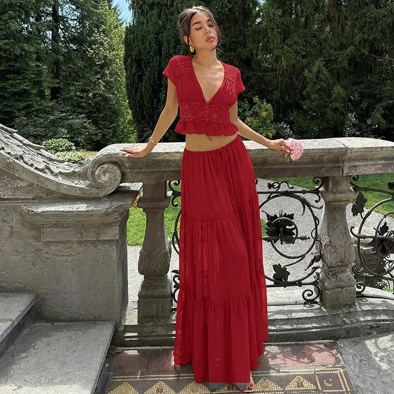 

Sexy Elegant Chiffon Two Piece Set Women V Neck Short Sleeve Crop Top Maxi Skirt Party Club Outfit