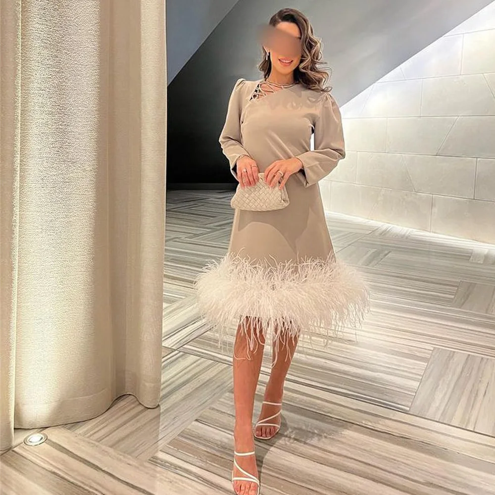 Customized Exquisite Straight Feathers Long Sleeve Prom Gown Knee-Length Party Dresses Round Neck Hollow Out فساتين السهرة 2023 