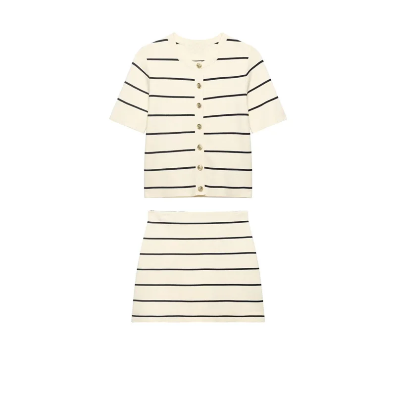 

2026 Spring New Style Women's Suit Light Yellow Striped Short Sleeve Jacket Mini Skirt Knitted Suit Elegant Lady Style Fashion