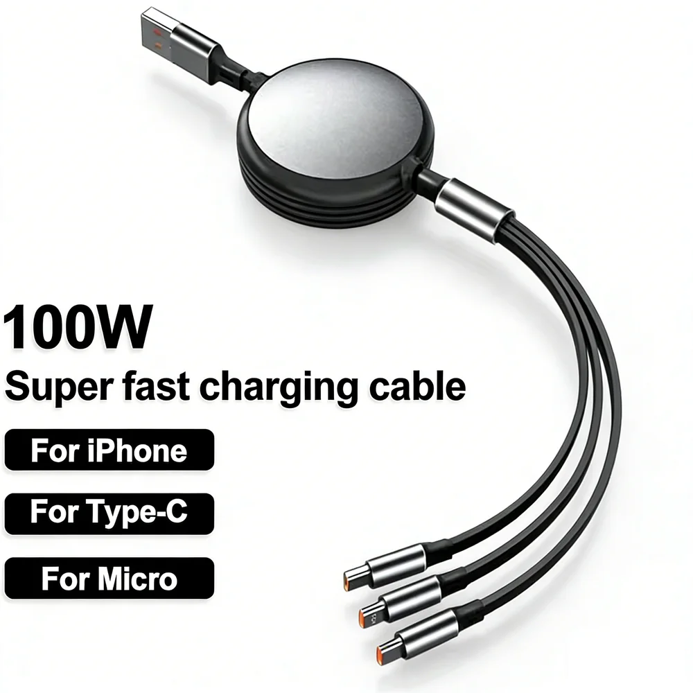 Wysuwany kabel USB do szybkiego ładowania 3 w 1 o mocy 100 W do iPhone'a 14 USB typu C/Micro do Sumsung Xiaomi 13 Huawei Przewód USB do ładowania telefonu