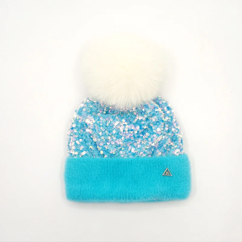 ファッションスパンコール冬暖かいビーニーミンクカシミヤニット帽子女性のための耳保護女性帽子高品質キャップ-y2k