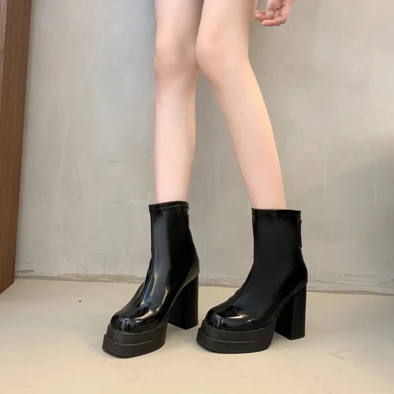 Trendy Thick Heel Short Boots Waterproof Painted Leather High Heels Women's Autumn Winter New Small Size Slim Booties