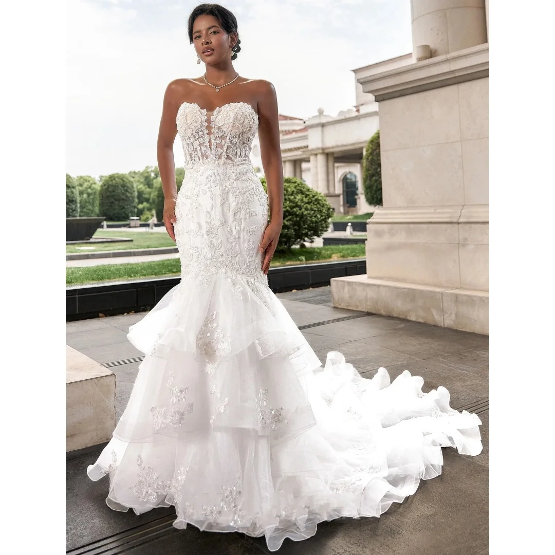 

Mermaid Wedding Dresses Sleeveless Lace Vestido de Novia Layers Sequin Second Reception Gown Customized Robe De Soirée