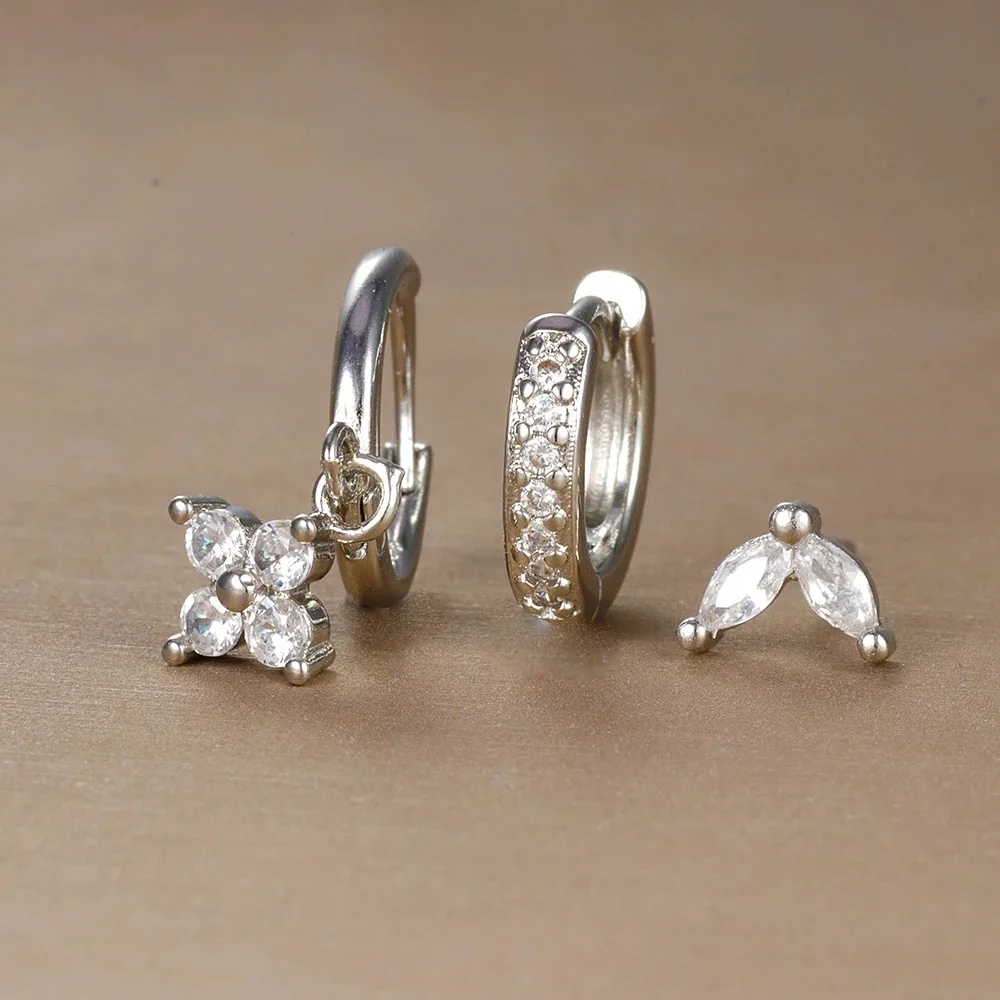 3PCS Trendy Edelstahl Blume Tropfen Ohrring Set Für Frauen Kristall Zirkonia Baumeln Ohrring Hypoallerg Piercing Schmuck aretes
