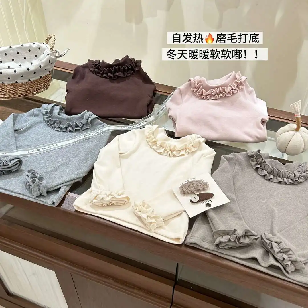 Autumn Winter Long Sleeve Girls Tshirt Ruffles Collar Solid Color Thick Tees Baby Gilrs Versatile Casual Bottoming Shirt Tops