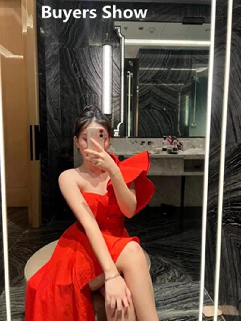 Kpop Korean Girl Group Stage Women Red Off-Shoulder Irregular Dress Concert Outfits Rave Wear Girls Sexy Performance Costume