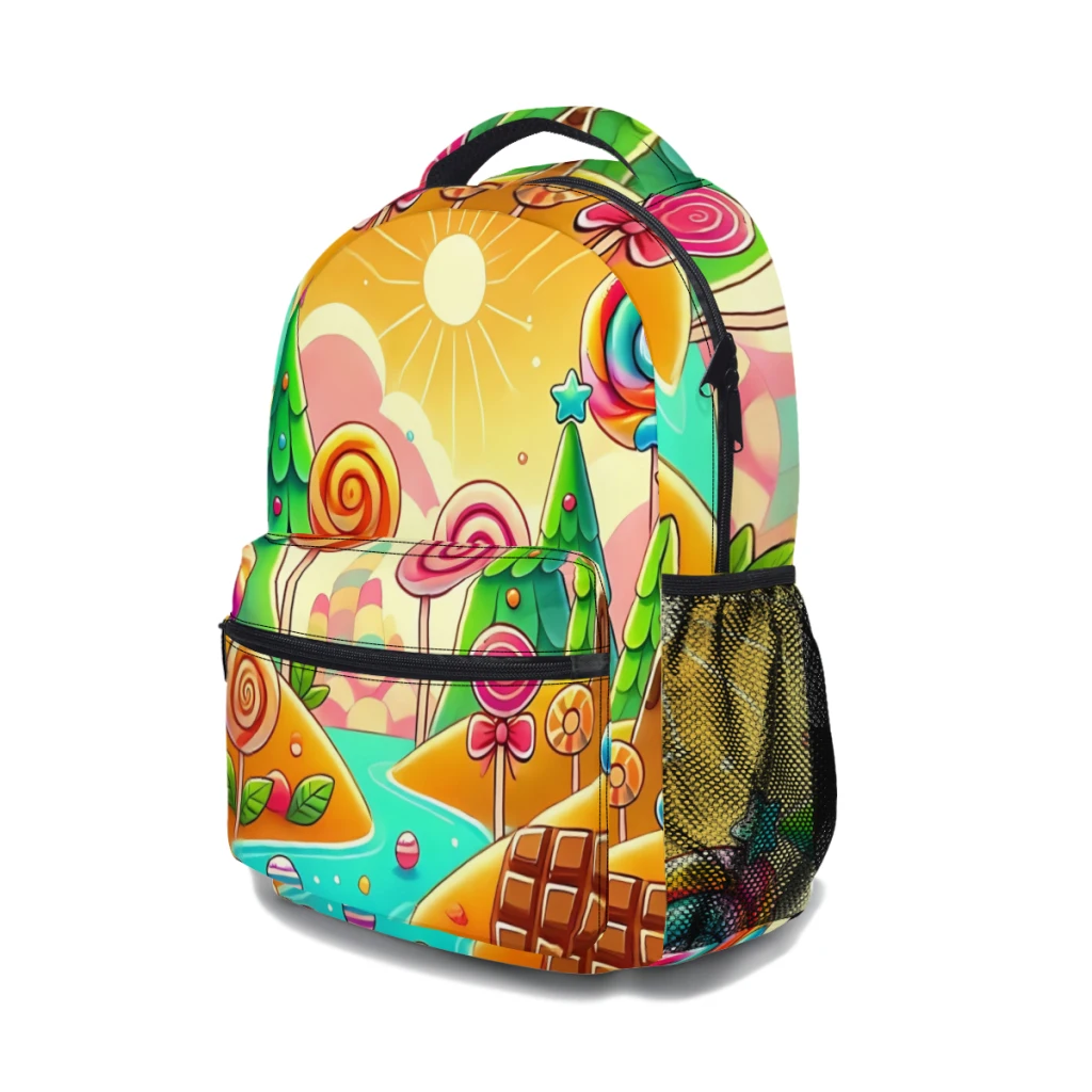 Whimsical Candyland-mochila escolar colorida para niños, ilustración de dulce mundo de fantasía, ligera, informal, juvenil