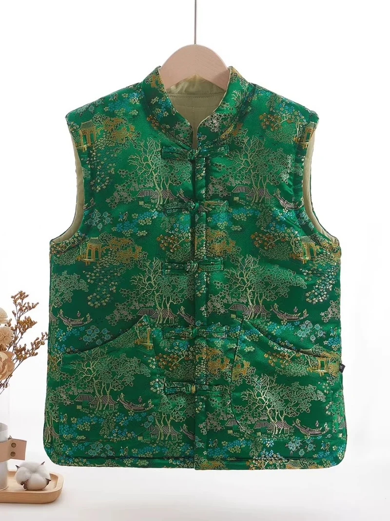 

Vintage Chinese Style Cotton Vest for Women, Autumn Winter Waistcoat with Decorative Buckles - Casual Outerwear Jacket (w2307)