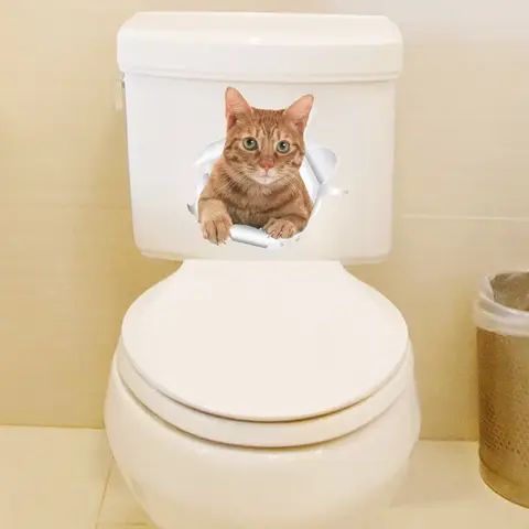 Funny Cat Wall Stickers Home Decorations Washroom Decals Toilet 3d Animals Kitten Broken Hole Mural Art Diy WC Decor