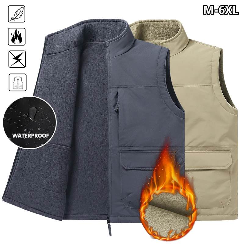 

Men Plus Size Double-Sided Wear Cargo Vest Fleece Lined Thickened Outdoor Sports Hiking Fishing Vest Camping Sleeveless Jacket