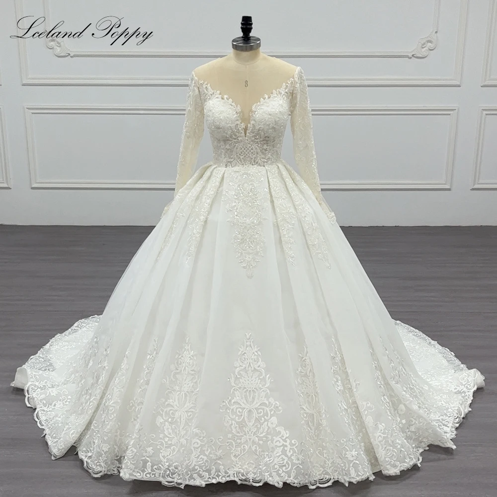 

Lceland Poppy Luxury A Line Scoop Neck Lace Wedding Dresses Beaded Full Sleeves Bridal Gowns with Chapel Train