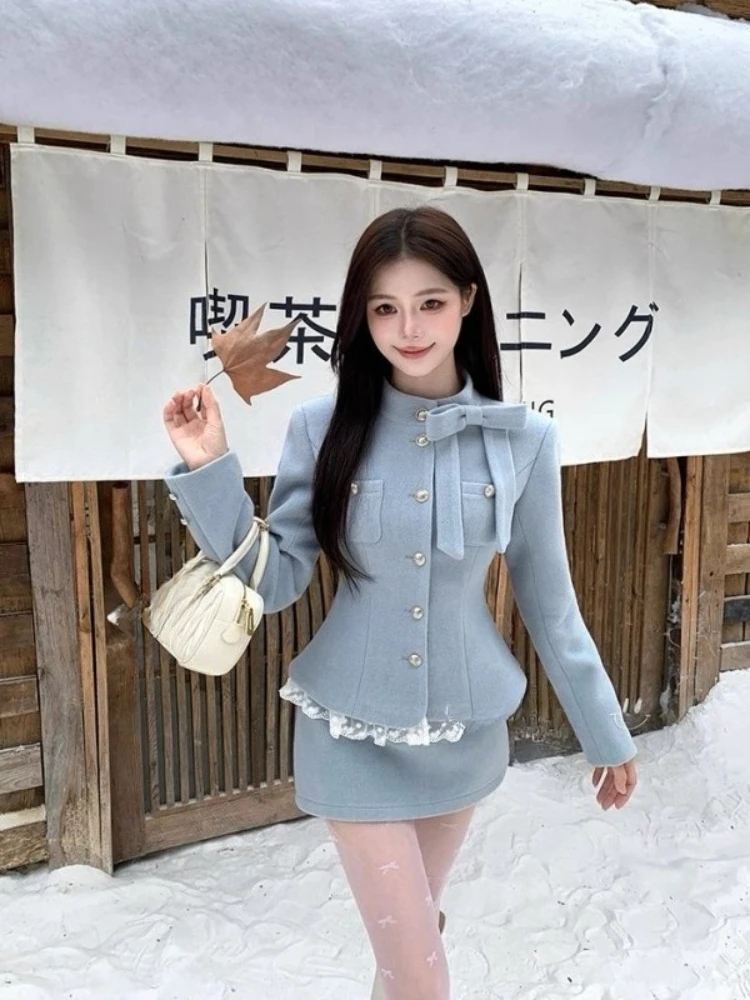 الفرنسية أنيقة القوس قطعتين مجموعة النساء الخريف الشتاء الدانتيل المرقعة مزدوجة الصدر سترة وتنورة خط الزي الحلو شيك