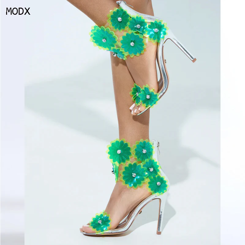 

2025 Women Sexy Sandals Open Toe Thin Heels Flower Decor High Heeled Sandals Size 44 Summer New Arrival ﻿Fashion Women Shoes