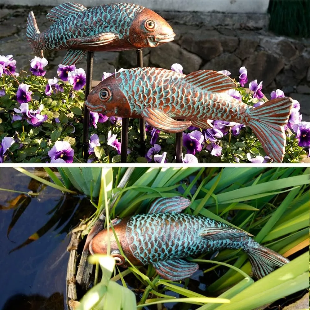 Garden Statues, Koi Fish Decor, Set of 2 Antique Ceramic Koi Fish Garden Statue,Fish Sculpture Garden for Outdoors