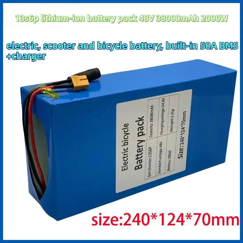 13s6p lithium-ion battery pack 48V 38000mAh 2000W electric, scooter and bicycle battery, built-in 50A BMS+charger