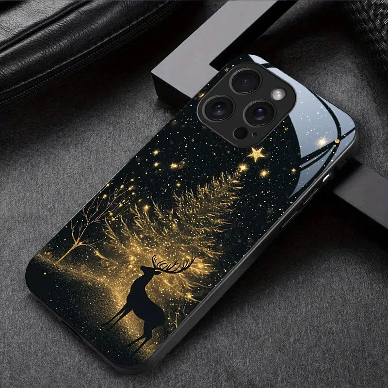 

New Year Tree Cute Deer Pattern Tempered Glass Black Phone Case For Samsung Galaxy S25 S24 S23 Ultra Plus FE Shockproof Cover