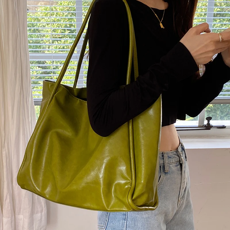 Green Vintage Women\'s Bag Large Capacity Soft Pu Shoulder Underarm Bags Simple All-match Ladies Handbag Elegant Fashion Totes