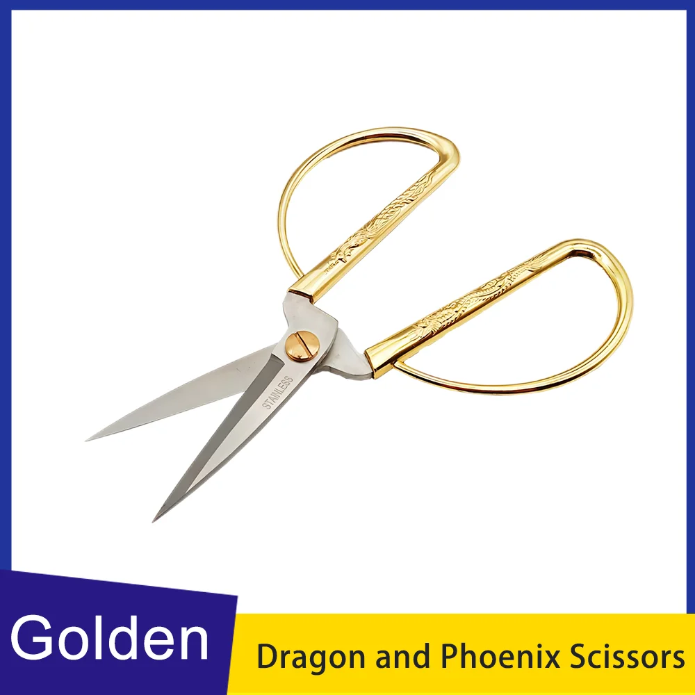 Stainless Steel Dragon and Phoenix Scissors Household Alloy Gold Scissors Ribbon-cutting Wedding Supplies Chinese Folk Custom