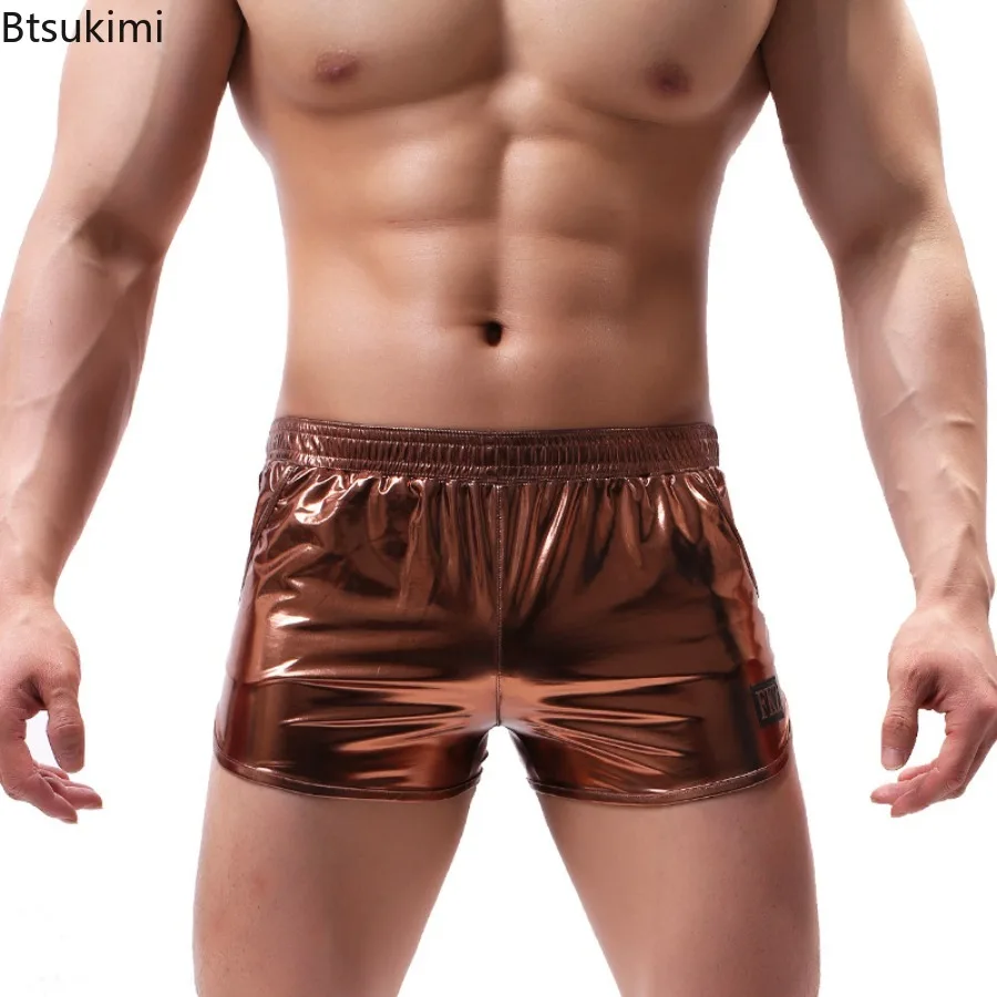 2026 New Men's Underwear Fashion Hot Stamping Leather Shinny Shorts Ice Silk Elastic Waist Loose Fit Oversized Flat Corner Pants