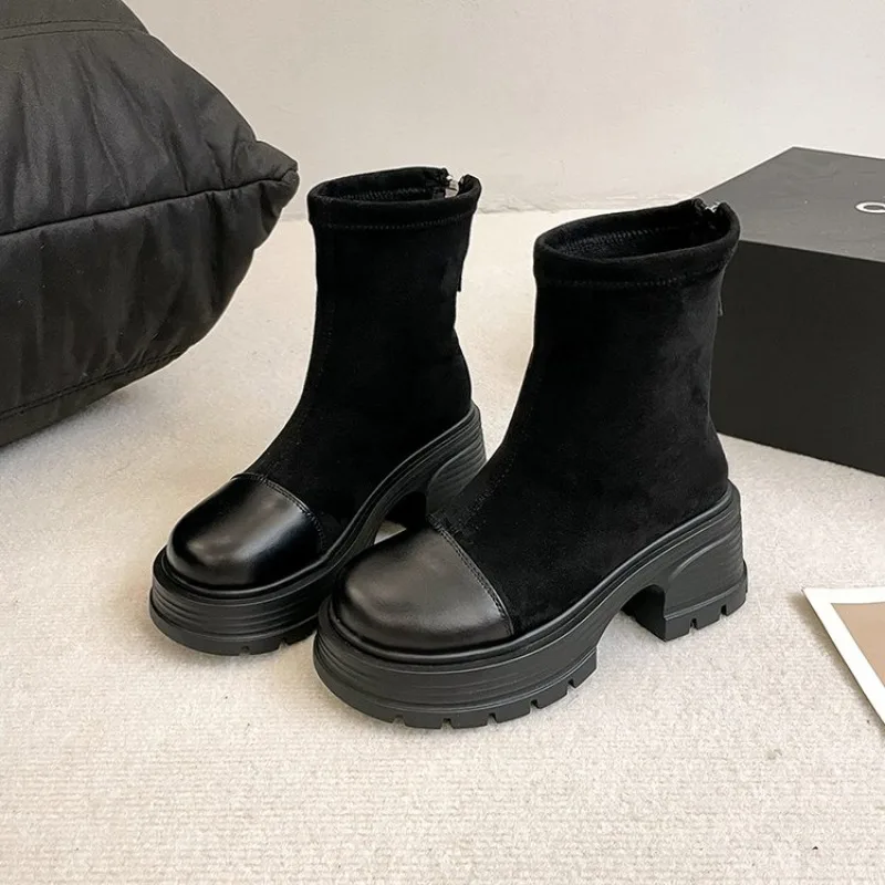 Women Modern Ankle Boots Chunky Mid Heels Shoes Winter New Trend Office Platform Shoes Fashion Walking Non Slip Botas Mujer