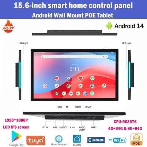 2025 New Slim Edge 15.6 inch Android 14 POE Tablet Smart Home Panel with LED Light IPS Touch Screen Display Google Play RK3576