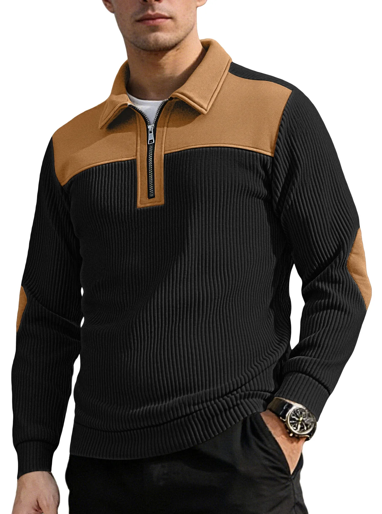 Winter and Autumn Men's Buttoned Half-Zip Fashion Pullover Striped Henry Shirt Sweatshirt Male