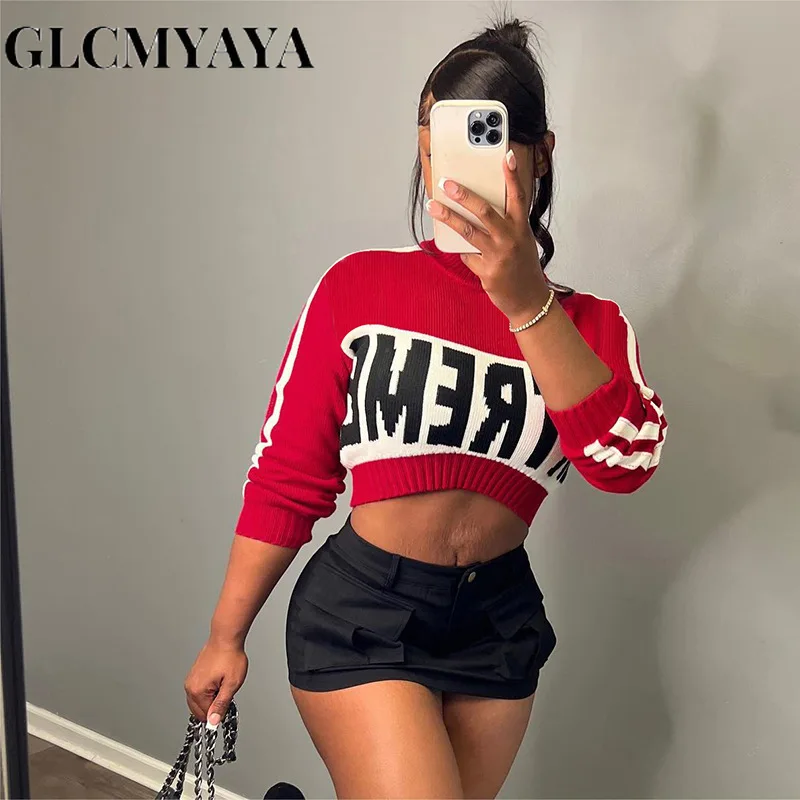 

GLCMYAYA Women Streetwear Casual O-Neck Block Color Letter Print Crop Tops 2023 Fashion Long Sleeve Knitting Slim Pullovers