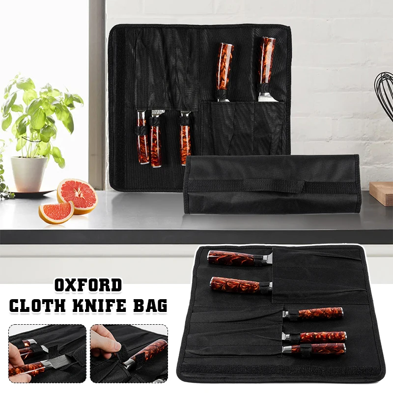 Portable Chef Knife Bag Black Oxford Cloth Tool Roll Bag Carry Case Kitchen Cooking Cutter Durable Waterproof Storage Pockets