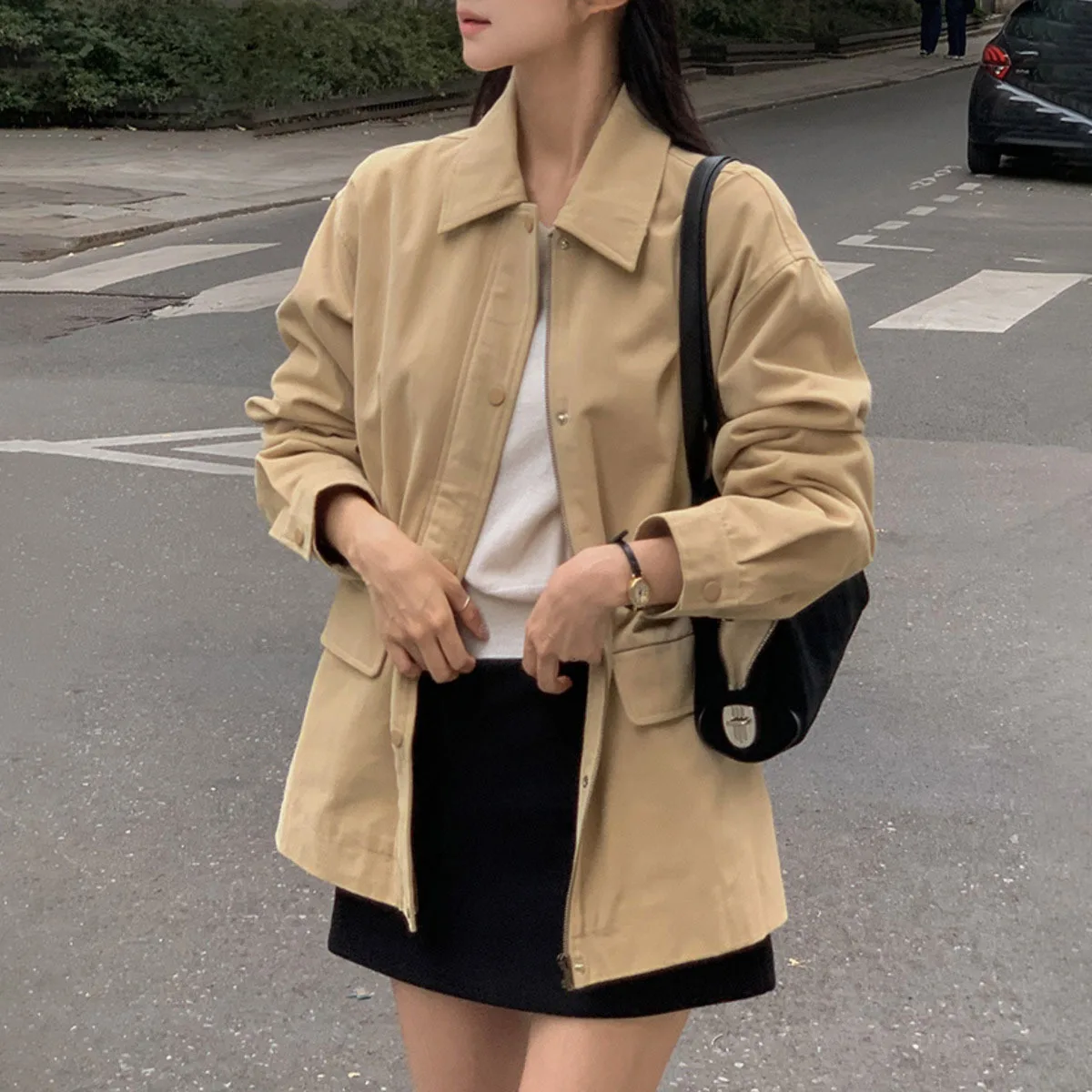 KWTX سترة نسائية غير رسمية بلون واحد معطف 2025 جديد ريترو سستة جيوب مربوط التلبيب أنيقة قسط الخريف الشتاء ملابس خارجية