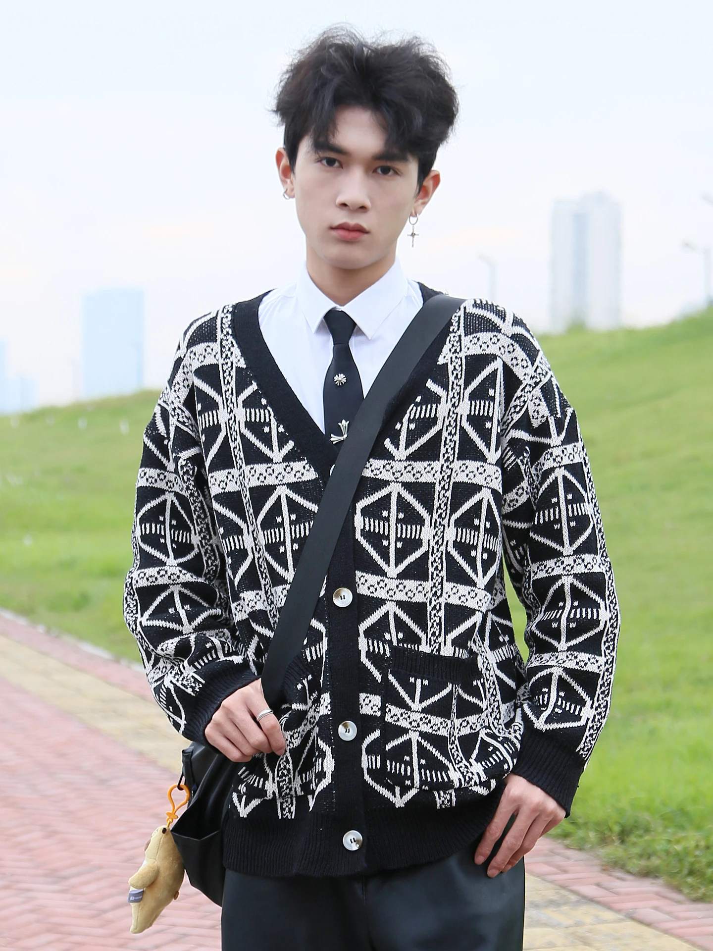 

American Sle Knitted Open Cardigan Sweater Coat Loose ex Autumn Winter Vintage Couple's Lazy Knitwear V-Ne Long Sve