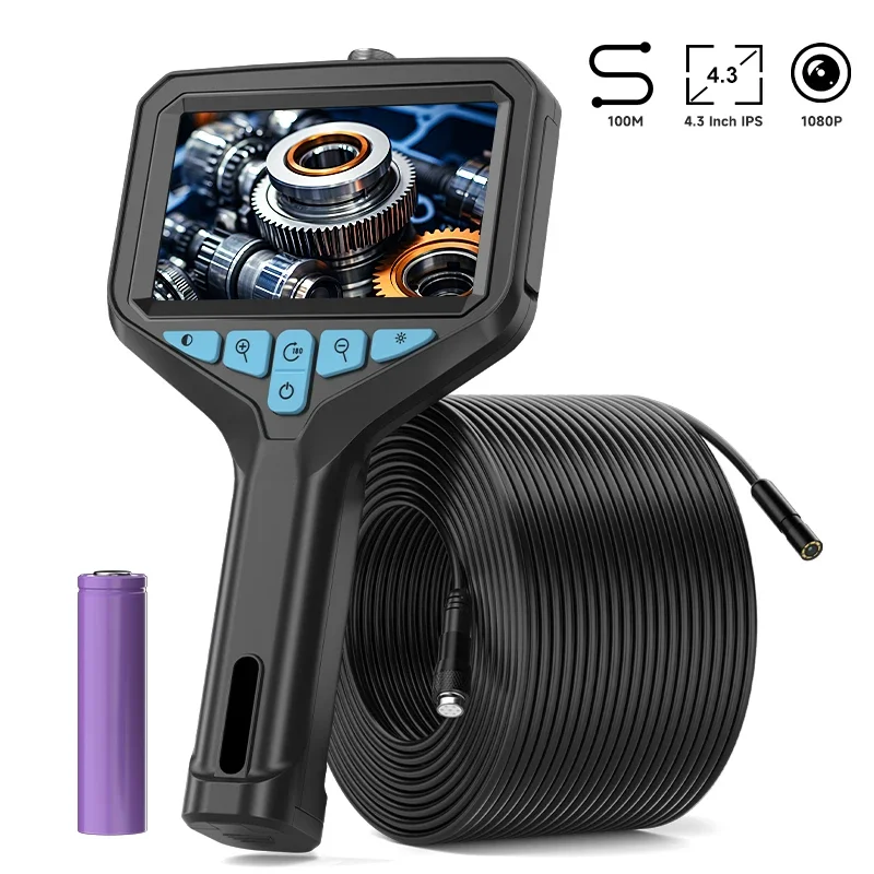 Industrial Endoscope Camera 4.3''IPS Screen 2-100M Rigid Cable HD1080P Probe 8MM Lens Car Pipe Inspection Borescope LEDs 2600mAh
